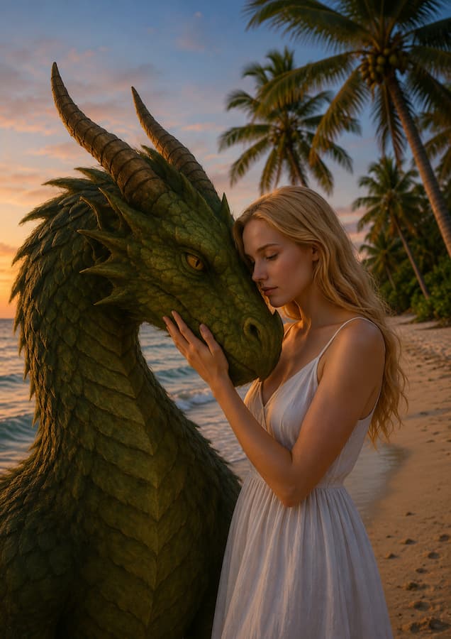 Jeune femme blonde front contre front avec un dragon vert sur une plage au crépuscule, scène du Tome 2 de la série Immortelle de Catherine Beraud