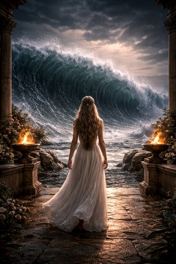 Jeune femme face à la vague de l'Atlantide, roman initiatique Immortelle de Catherine Beraud