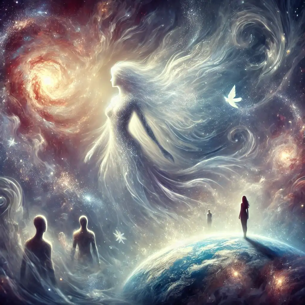 Figure lumineuse éthérée entourée d'âmes éveillées dans un cosmos doré - L'Appel de l’Immortelle