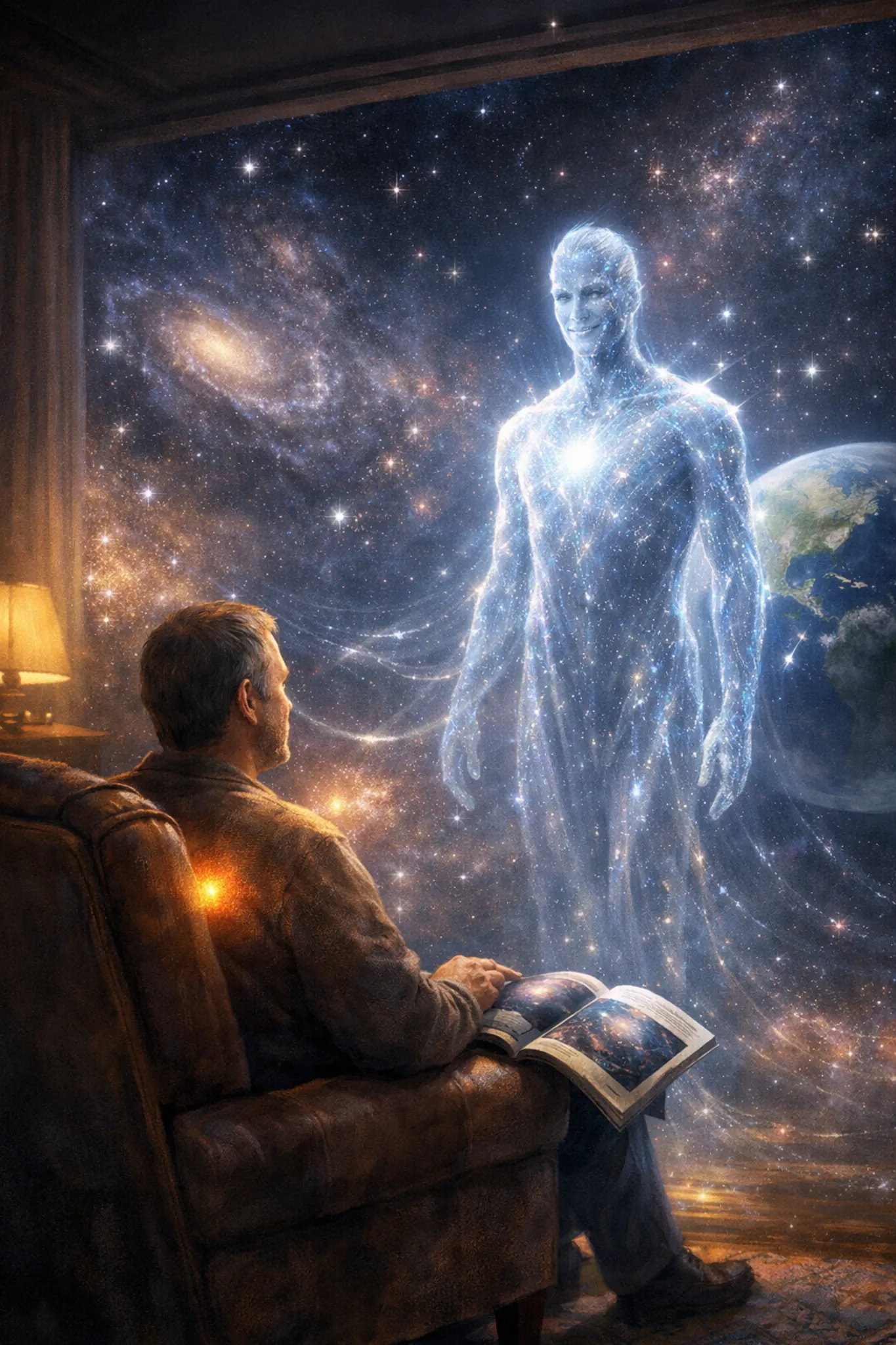 Un homme assis dans un fauteuil contemple un être humanoïde fait de lumière, tandis que la pièce se fond dans un paysage cosmique rempli d’étoiles et de galaxies.