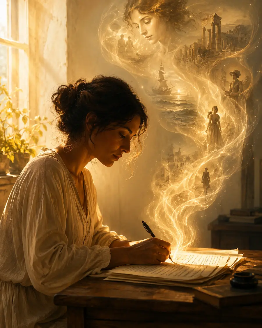 immortelle-ecriture-recue-vies-anterieures Une autrice écrit à la lumière dorée tandis que des scènes lumineuses d'autres vies s'élèvent du manuscrit.