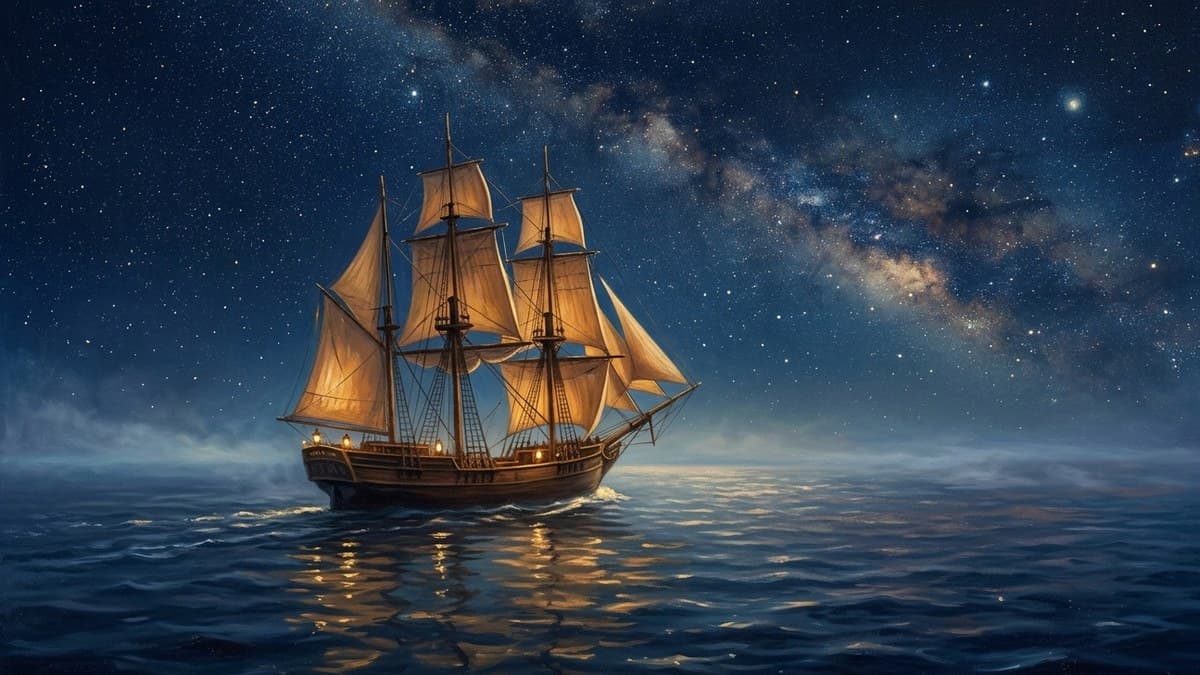 Immortelle – la traversée des âmes à travers le temps Trois-mâts illuminé voguant sur une mer nocturne étoilée, illustration de la série de romans initiatiques Immortelle de Catherine Beraud
