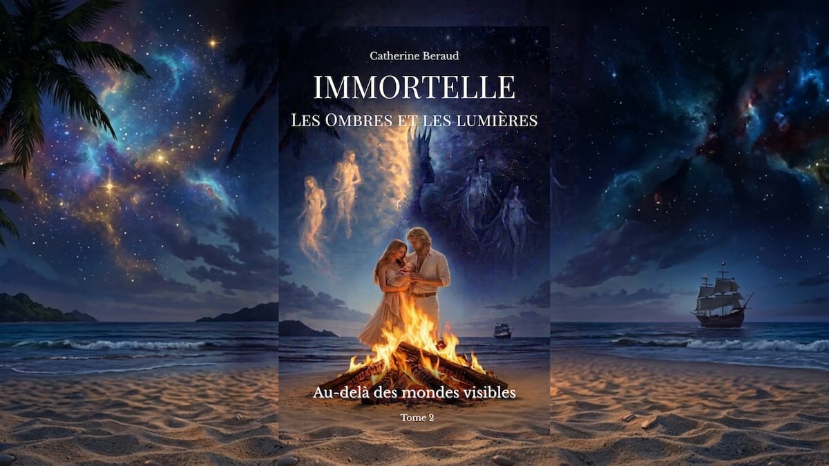 Un couple derrière un grand feu sur un plage bordée de cocotiers, un bateau au large.