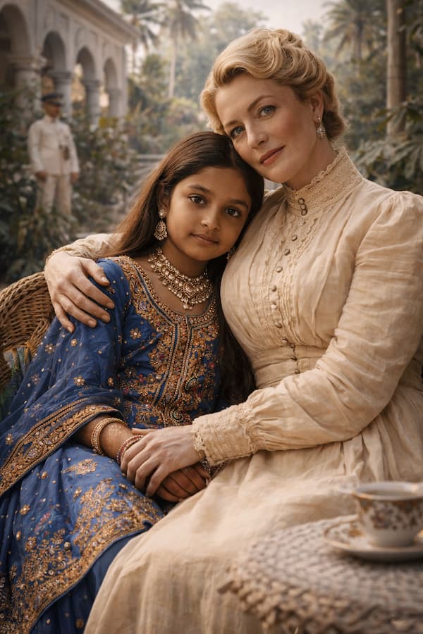 Jeune fille indienne en tunique bleue brodée d'or blottie contre sa mère adoptive anglaise, roman initiatique Immortelle de Catherine Beraud