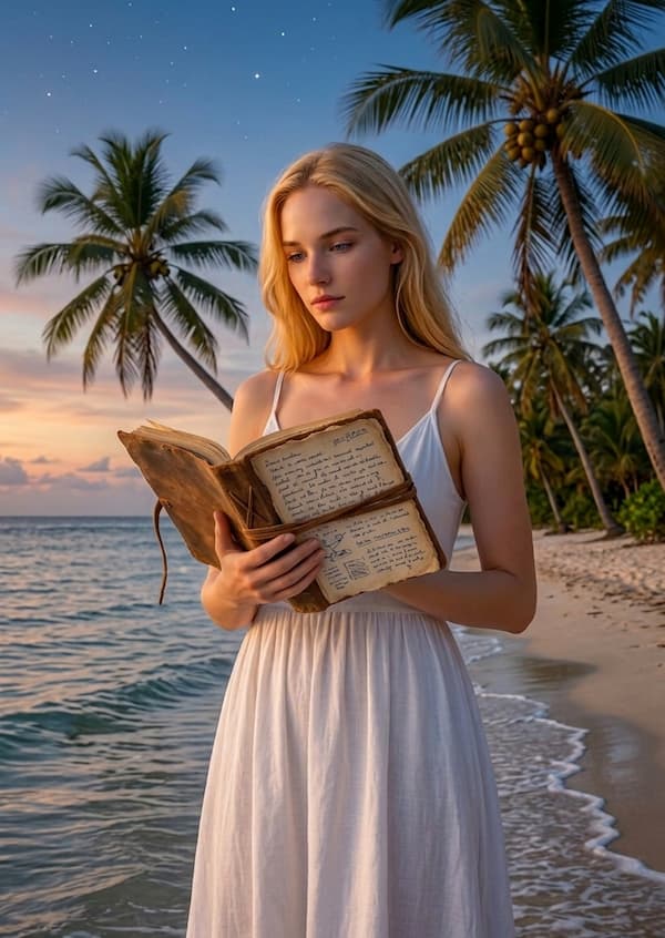 Jeune femme lisant un manuscrit sur une plage bordée de cocotiers
