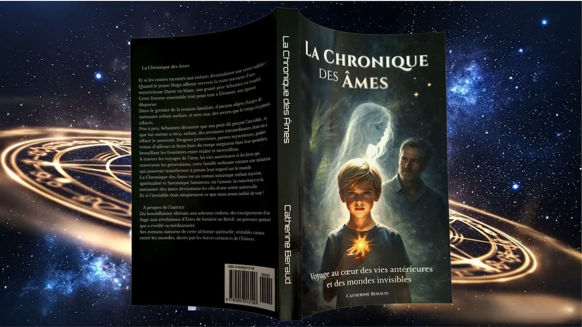 Couverture du roman La Chronique des Âmes de Catherine Beraud : un enfant tient une lumière dorée, un dragon vert et une silhouette féminine lumineuse l'entourent sous un ciel étoilé.